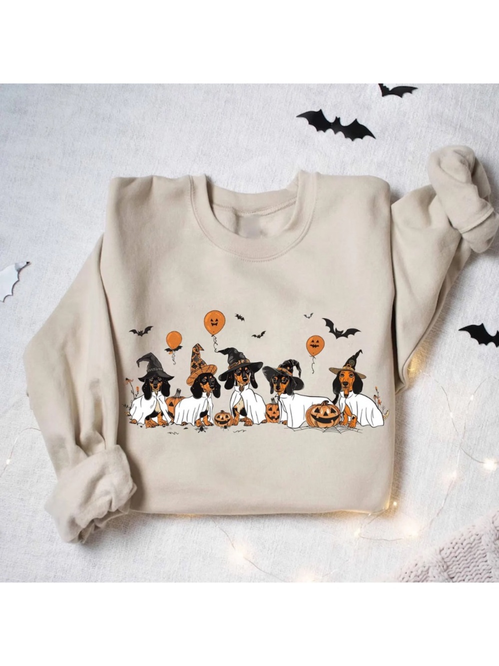Sand Crewneck Sweatshirt with Halloween Dachshund Graphic